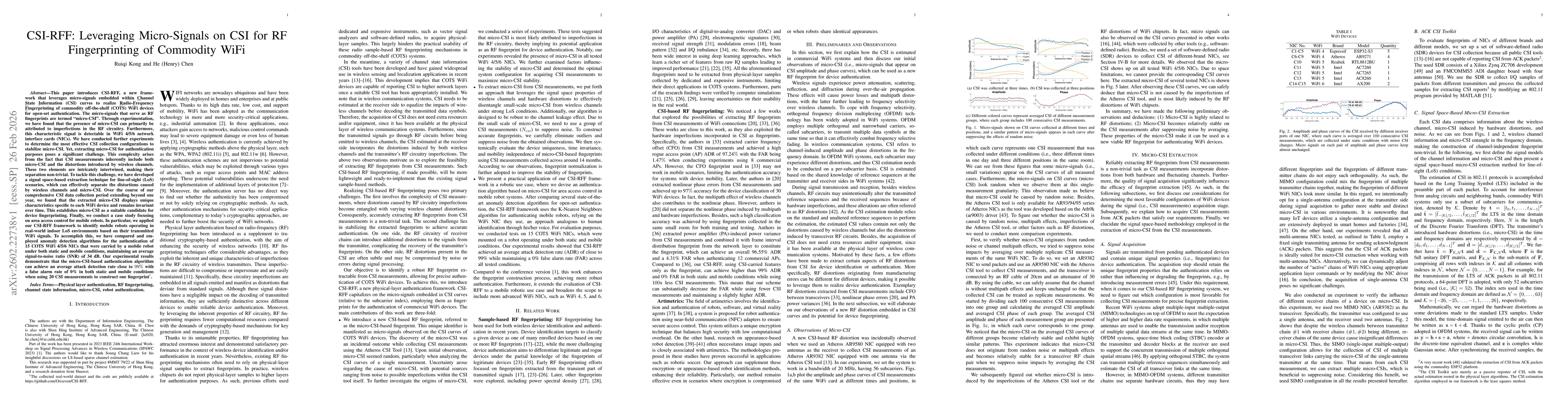 Thumbnail for CSI-RFF: Leveraging Micro-Signals on CSI for RF Fingerprinting of Commodity WiFi