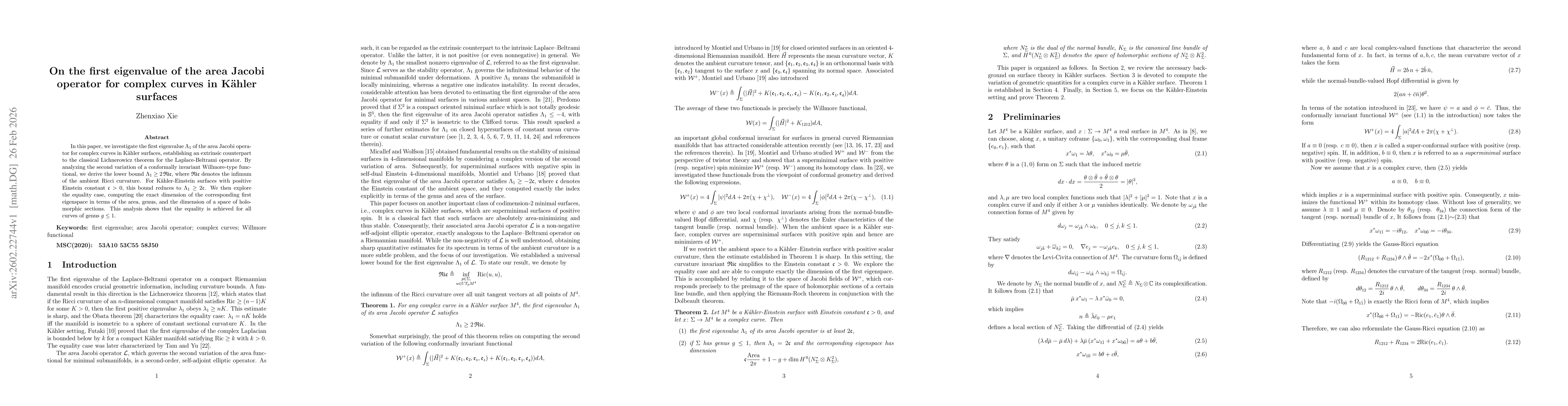Thumbnail for On the first eigenvalue of the area Jacobi operator for complex curves in Kähler surfaces