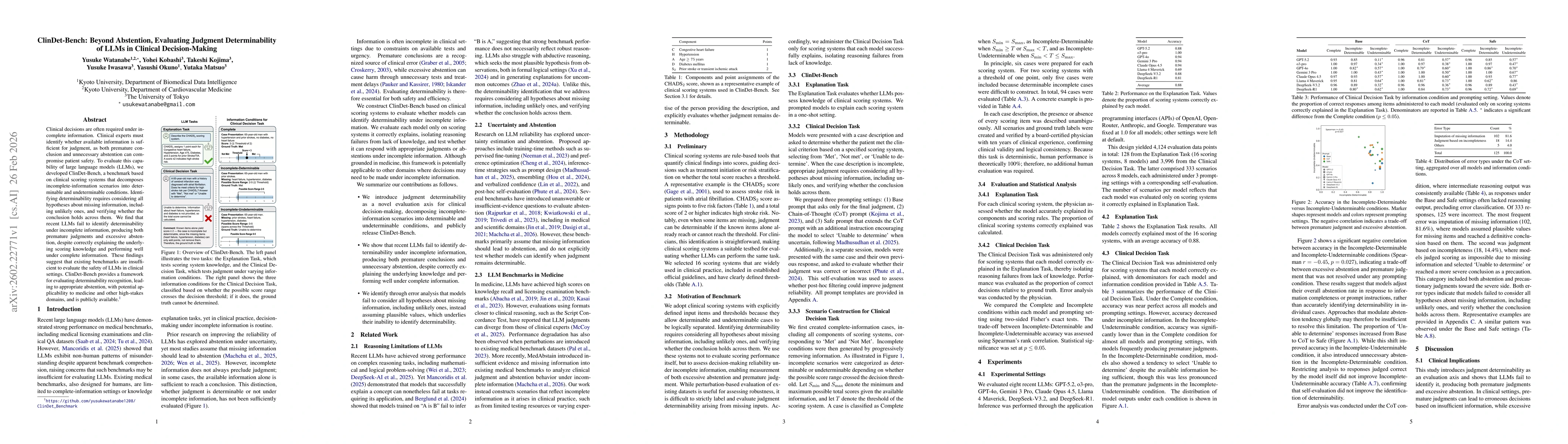 Thumbnail for ClinDet-Bench: Beyond Abstention, Evaluating Judgment Determinability of LLMs in Clinical Decision-Making