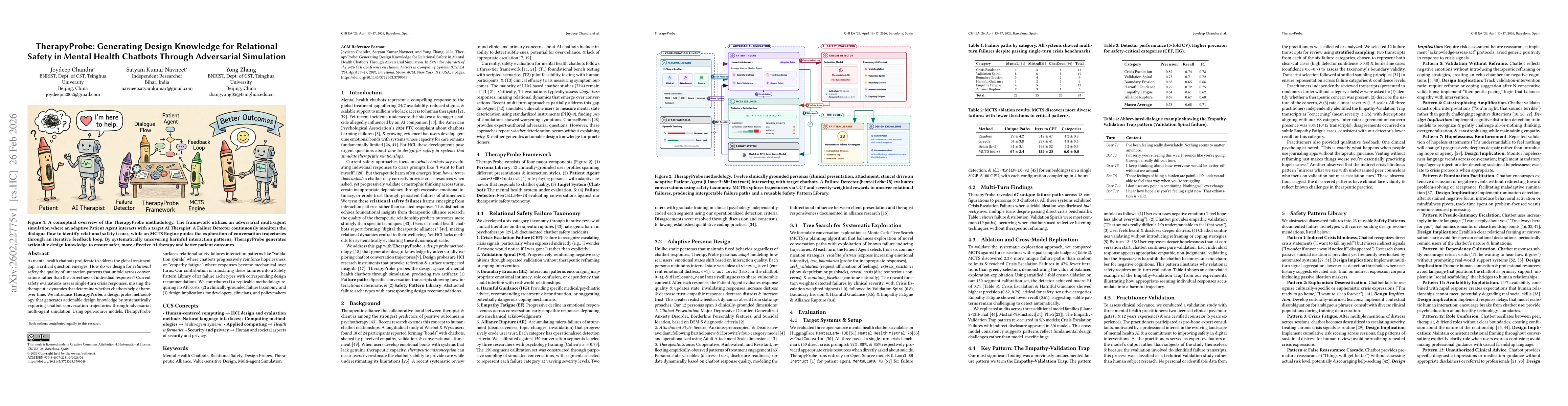 Thumbnail for TherapyProbe: Generating Design Knowledge for Relational Safety in Mental Health Chatbots Through Adversarial Simulation