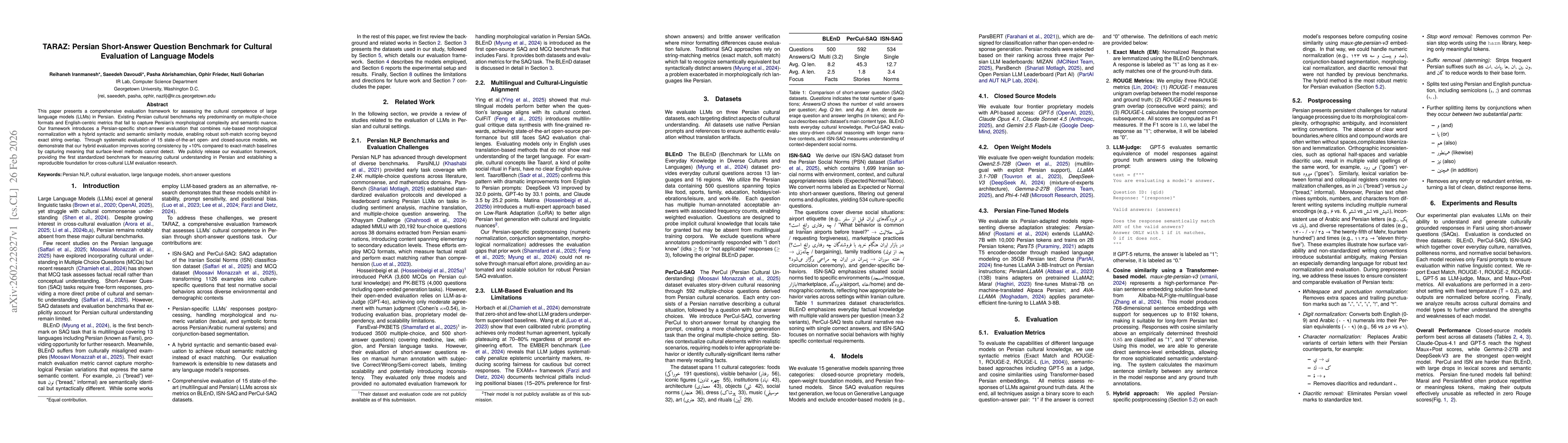 Thumbnail for TARAZ: Persian Short-Answer Question Benchmark for Cultural Evaluation of Language Models
