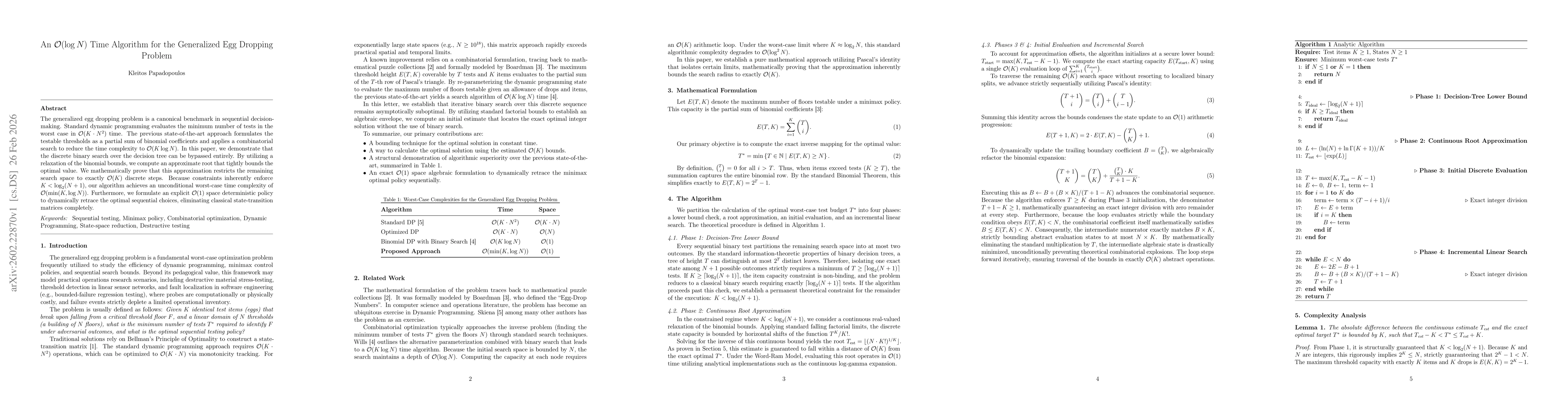 Thumbnail for An $\mathcal{O}(\log N)$ Time Algorithm for the Generalized Egg Dropping Problem