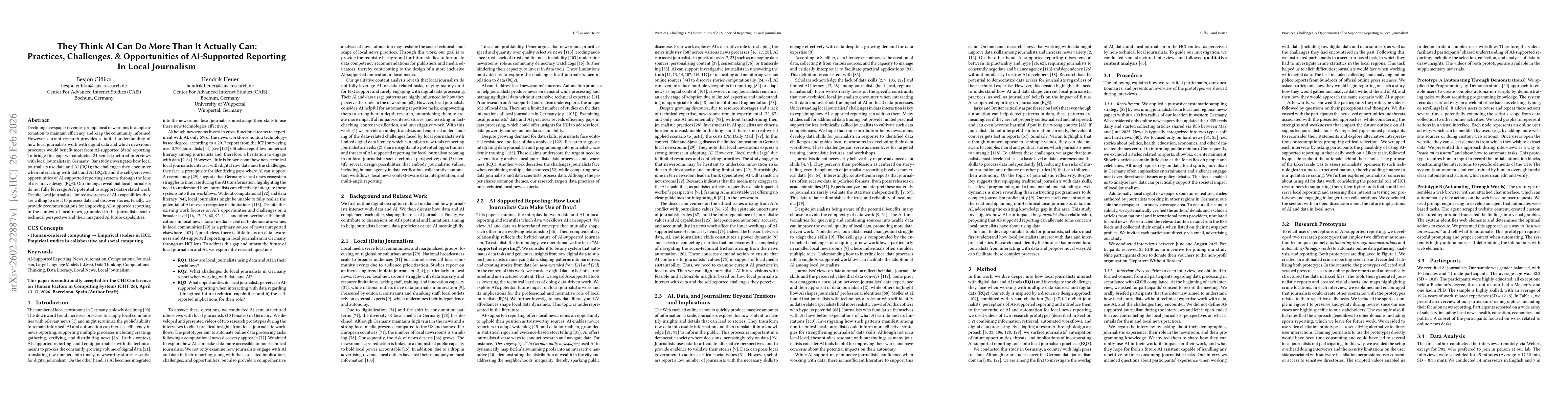 Thumbnail for They Think AI Can Do More Than It Actually Can: Practices, Challenges, & Opportunities of AI-Supported Reporting In Local Journalism