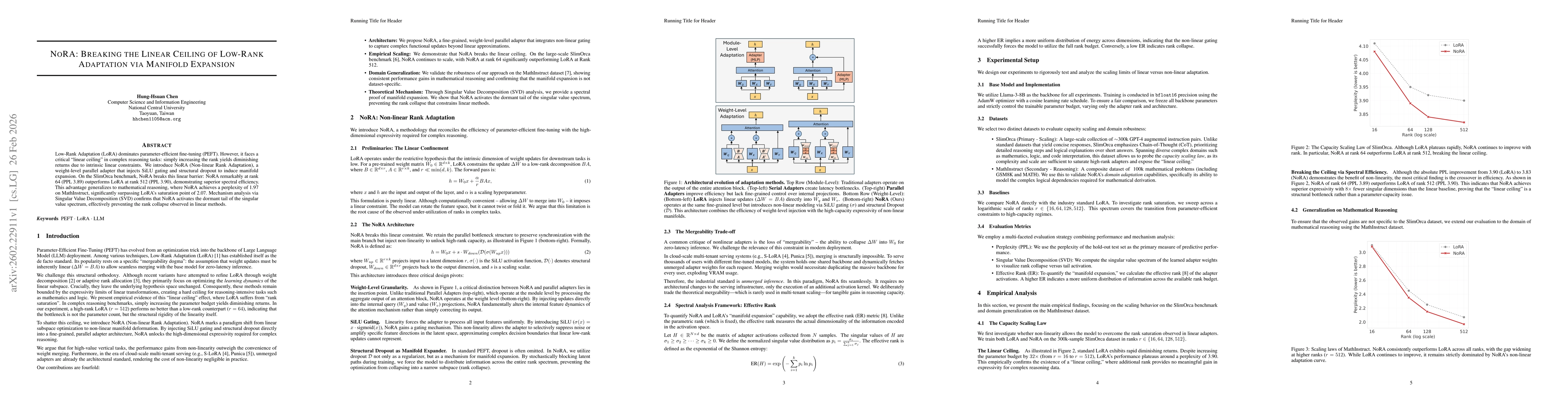 Thumbnail for NoRA: Breaking the Linear Ceiling of Low-Rank Adaptation via Manifold Expansion