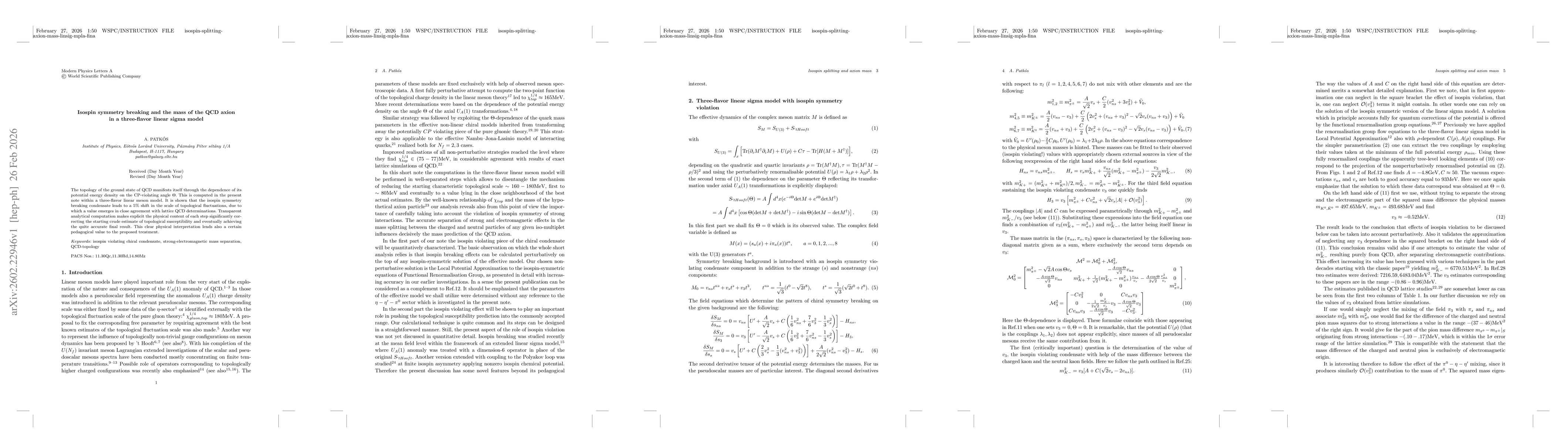 Thumbnail for Isospin symmetry breaking and the mass of the QCD axion in a three-flavor linear sigma model