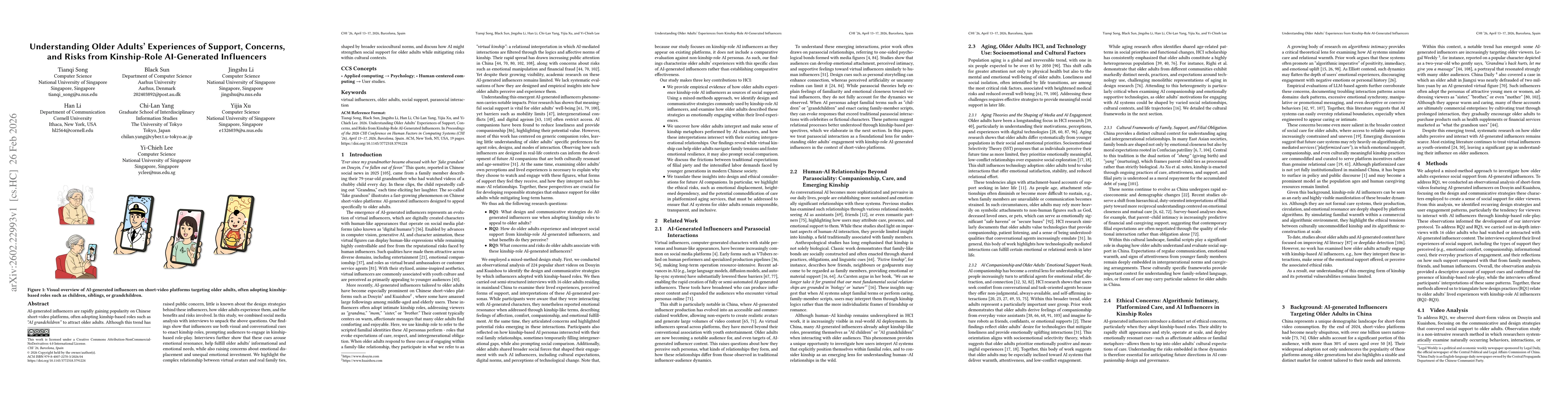 Thumbnail for Understanding Older Adults' Experiences of Support, Concerns, and Risks from Kinship-Role AI-Generated Influencers