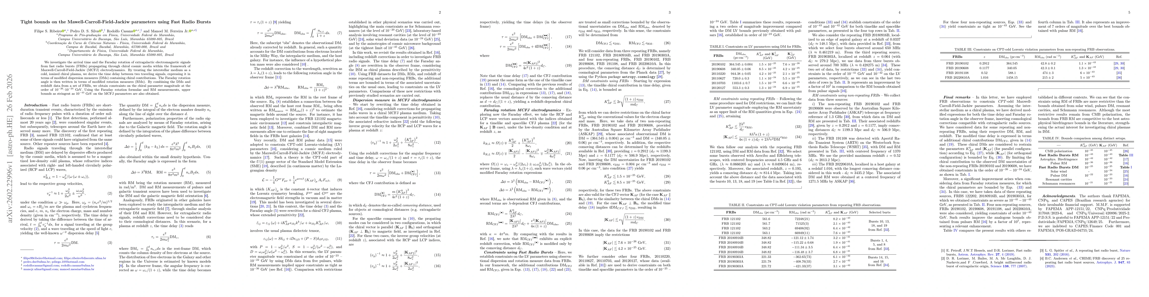 Thumbnail for Tight bounds on the Mawell-Carroll-Field-Jackiw parameters using Fast Radio Bursts