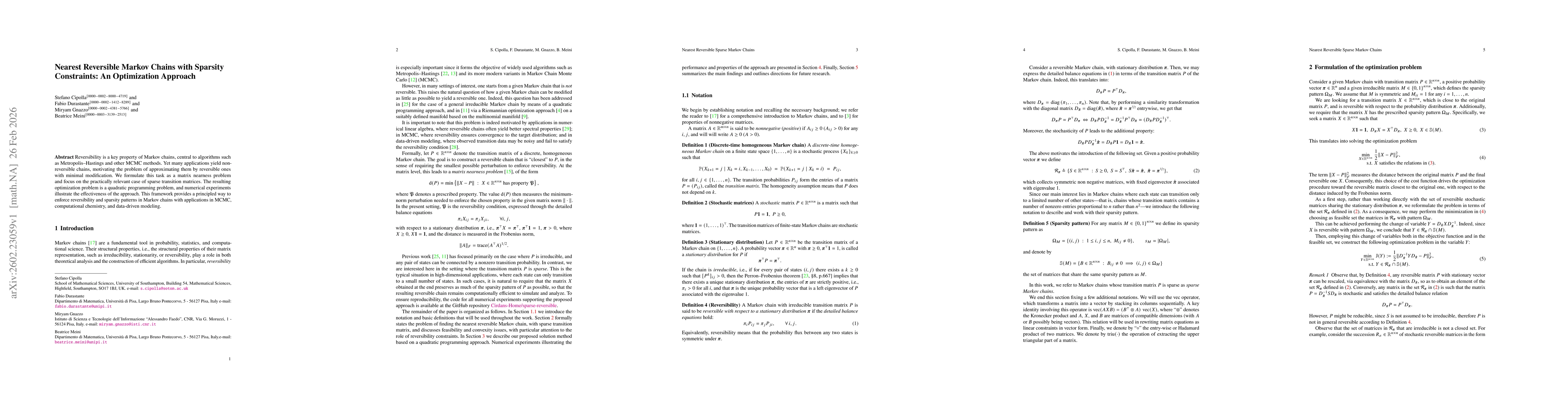 Thumbnail for Nearest Reversible Markov Chains with Sparsity Constraints: An Optimization Approach