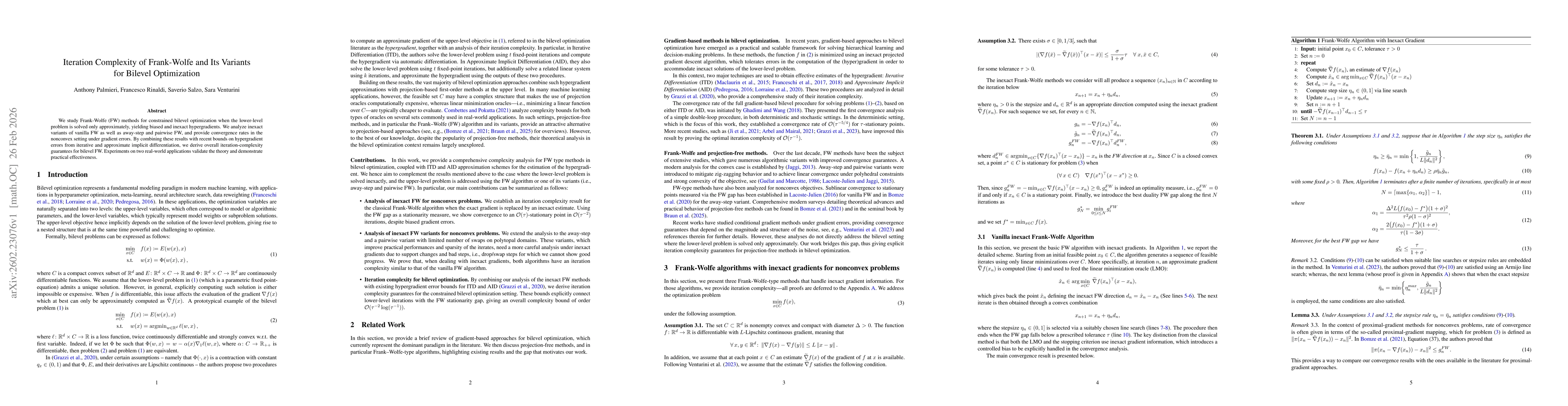 Thumbnail for Iteration Complexity of Frank-Wolfe and Its Variants for Bilevel Optimization