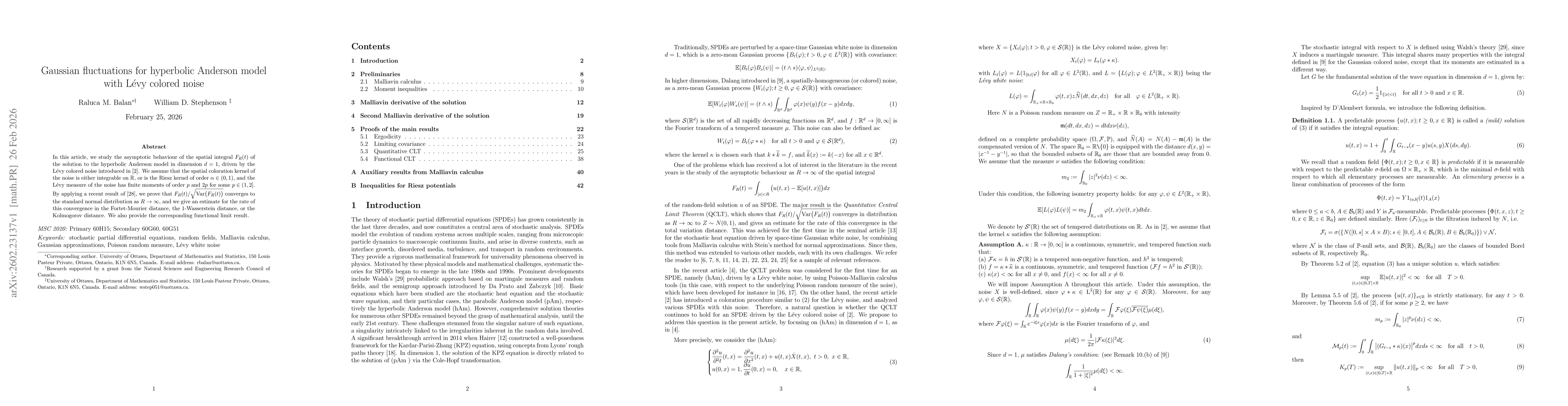 Thumbnail for Gaussian fluctuations for hyperbolic Anderson model with Lévy colored noise