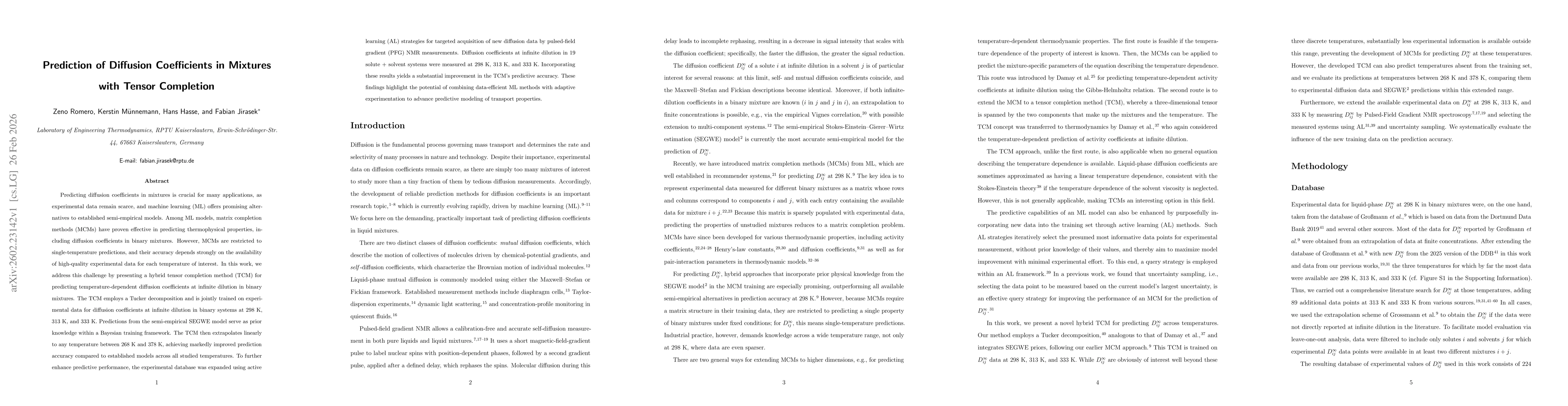 Thumbnail for Prediction of Diffusion Coefficients in Mixtures with Tensor Completion