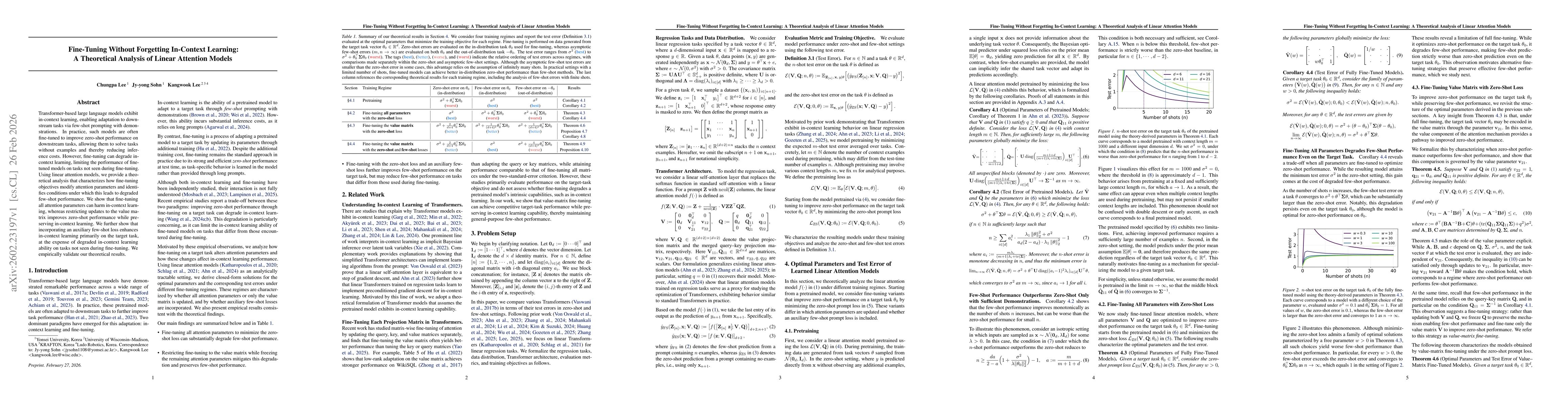 Thumbnail for Fine-Tuning Without Forgetting In-Context Learning: A Theoretical Analysis of Linear Attention Models