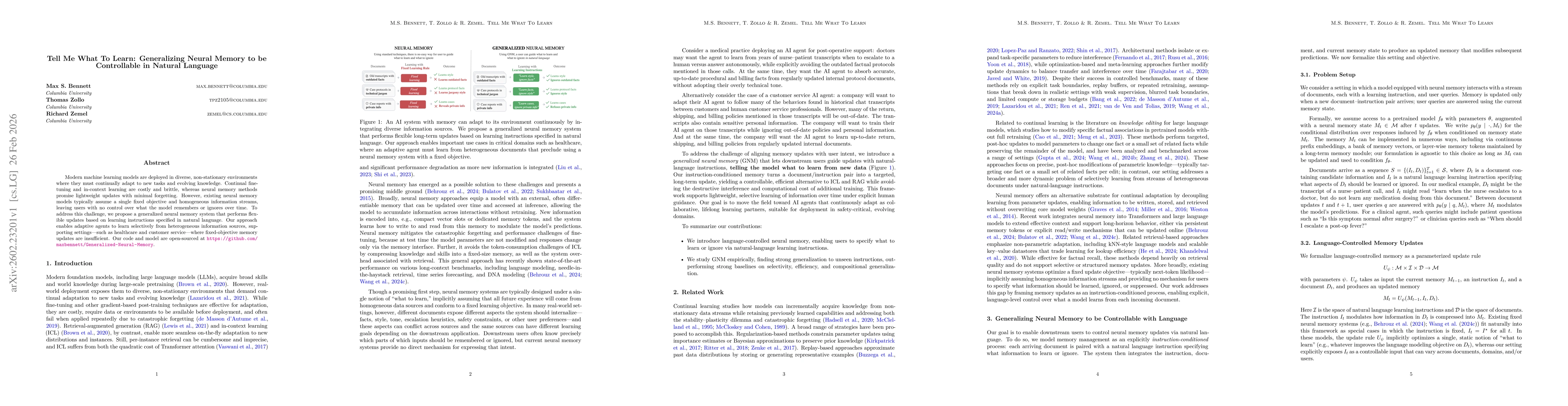 Thumbnail for Tell Me What To Learn: Generalizing Neural Memory to be Controllable in Natural Language