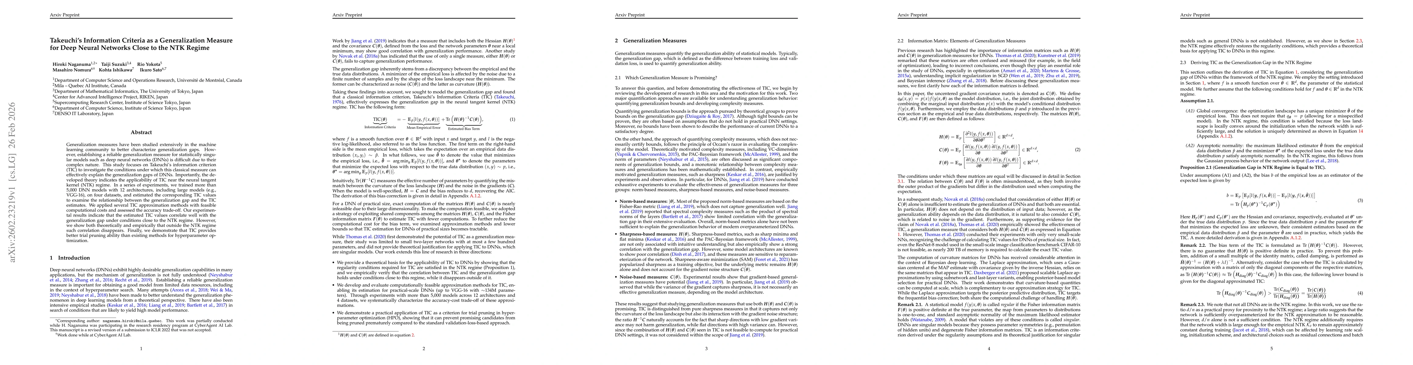 Thumbnail for Takeuchi's Information Criteria as Generalization Measures for DNNs Close to NTK Regime