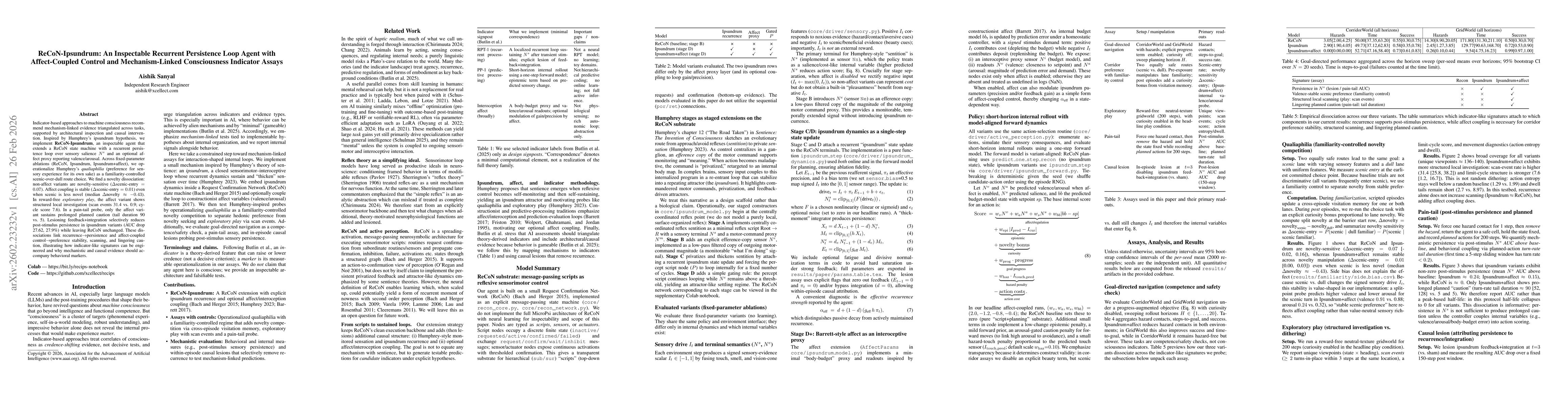 Thumbnail for ReCoN-Ipsundrum: An Inspectable Recurrent Persistence Loop Agent with Affect-Coupled Control and Mechanism-Linked Consciousness Indicator Assays