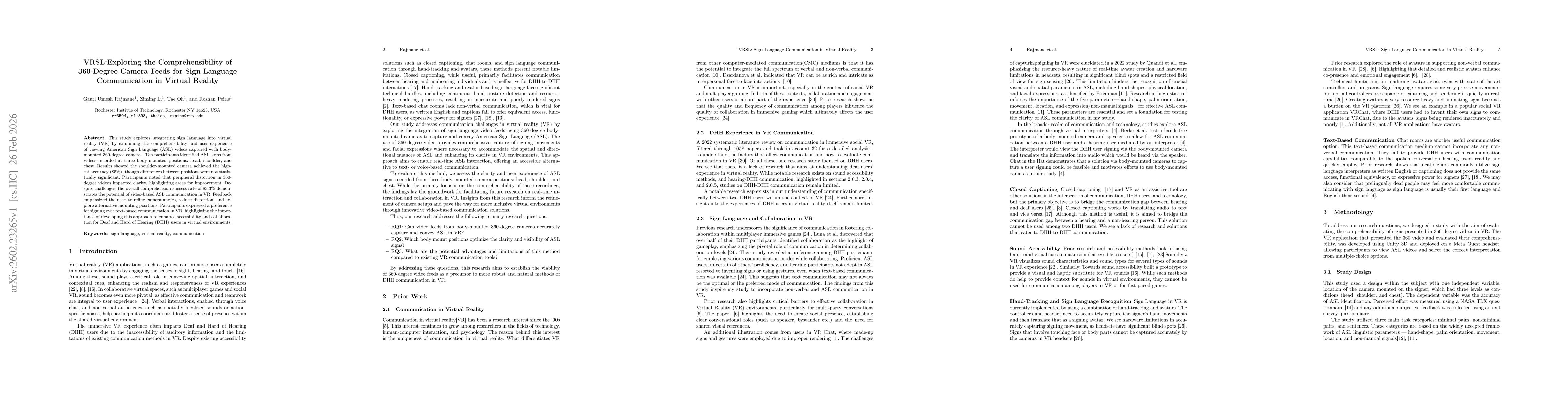 Thumbnail for VRSL:Exploring the Comprehensibility of 360-Degree Camera Feeds for Sign Language Communication in Virtual Reality