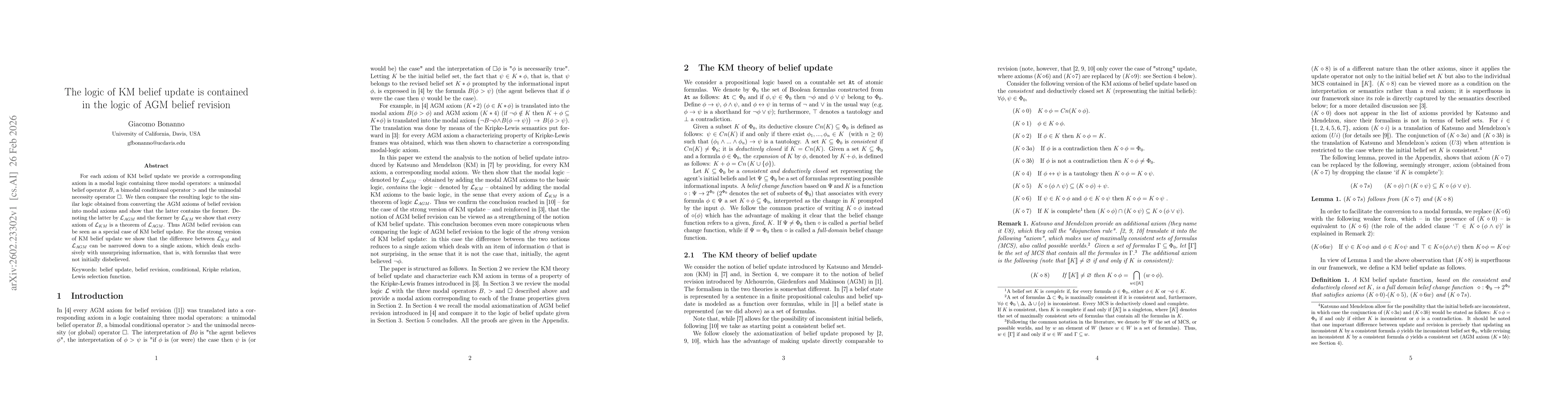 Thumbnail for The logic of KM belief update is contained in the logic of AGM belief revision
