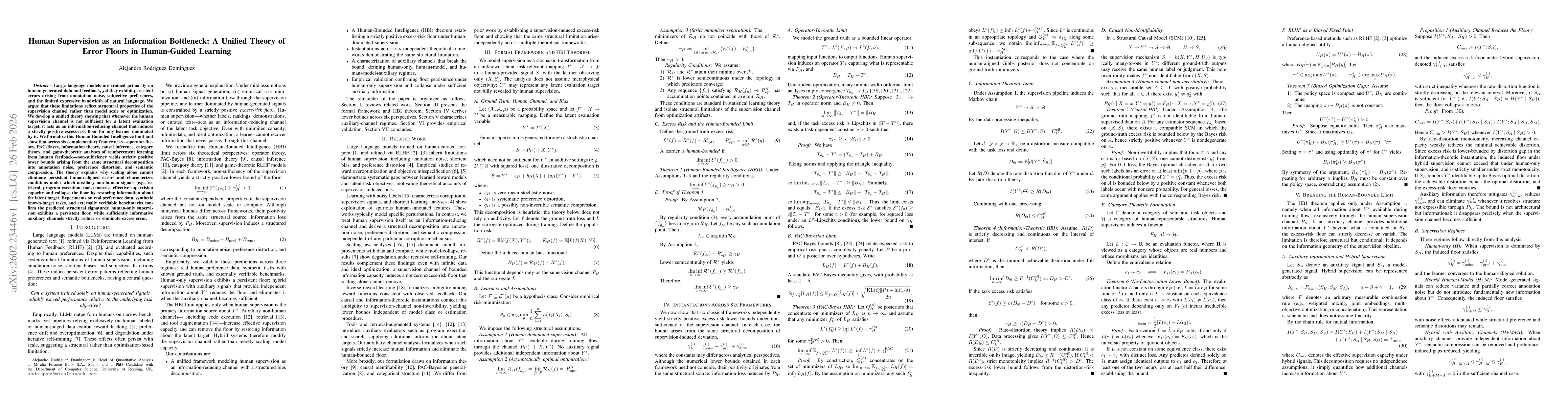 Thumbnail for Human Supervision as an Information Bottleneck: A Unified Theory of Error Floors in Human-Guided Learning