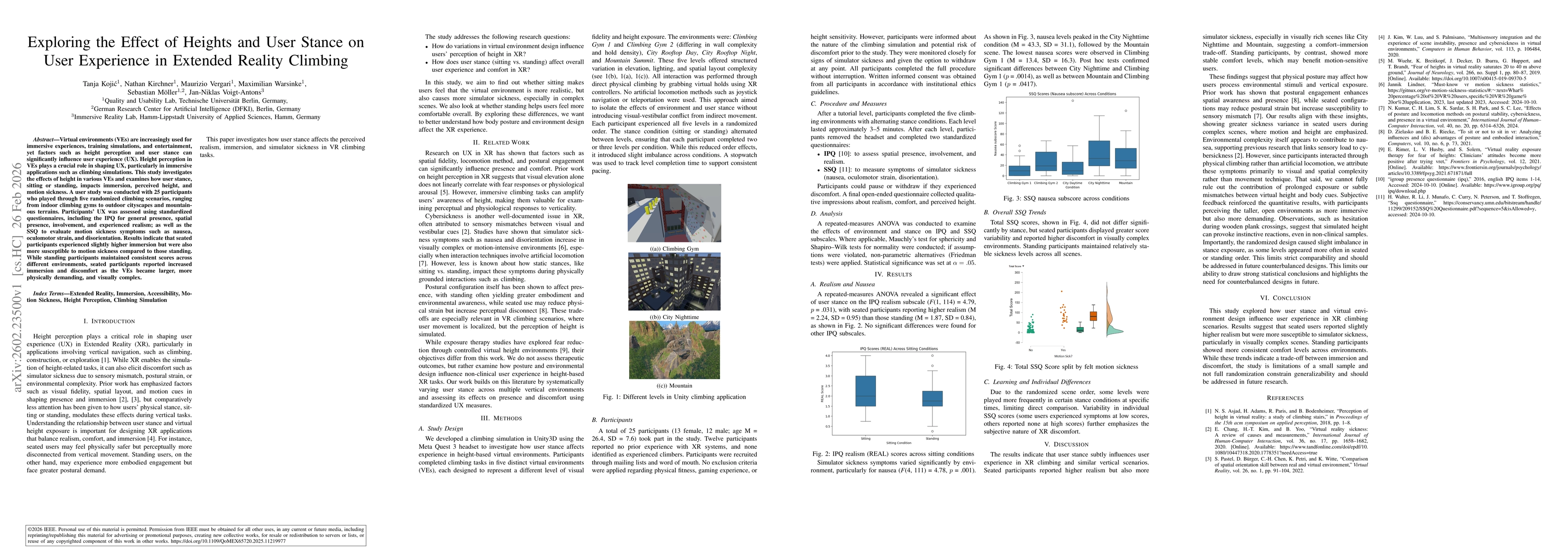 Thumbnail for Exploring the Effect of Heights and User Stance on User Experience in Extended Reality Climbing