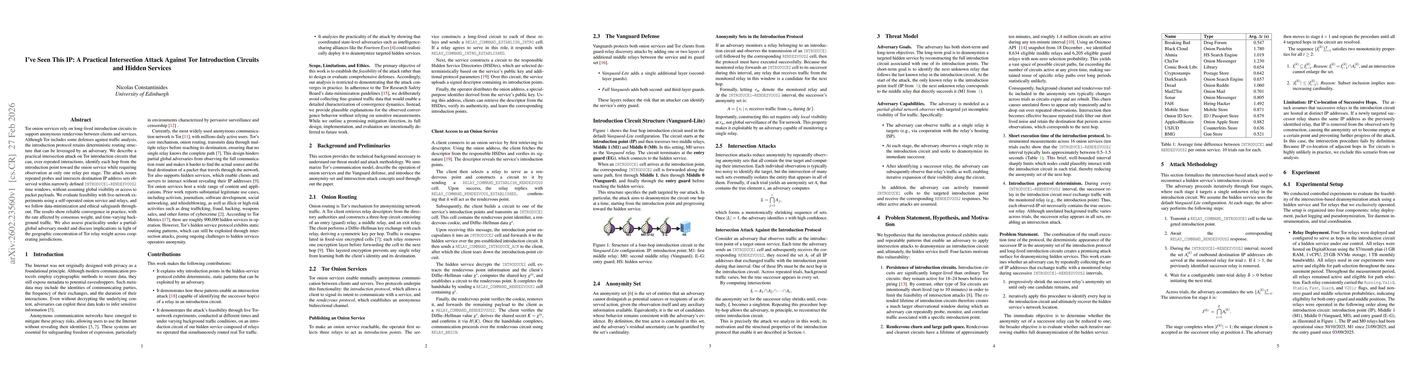 Thumbnail for I've Seen This IP: A Practical Intersection Attack Against Tor Introduction Circuits and Hidden Services