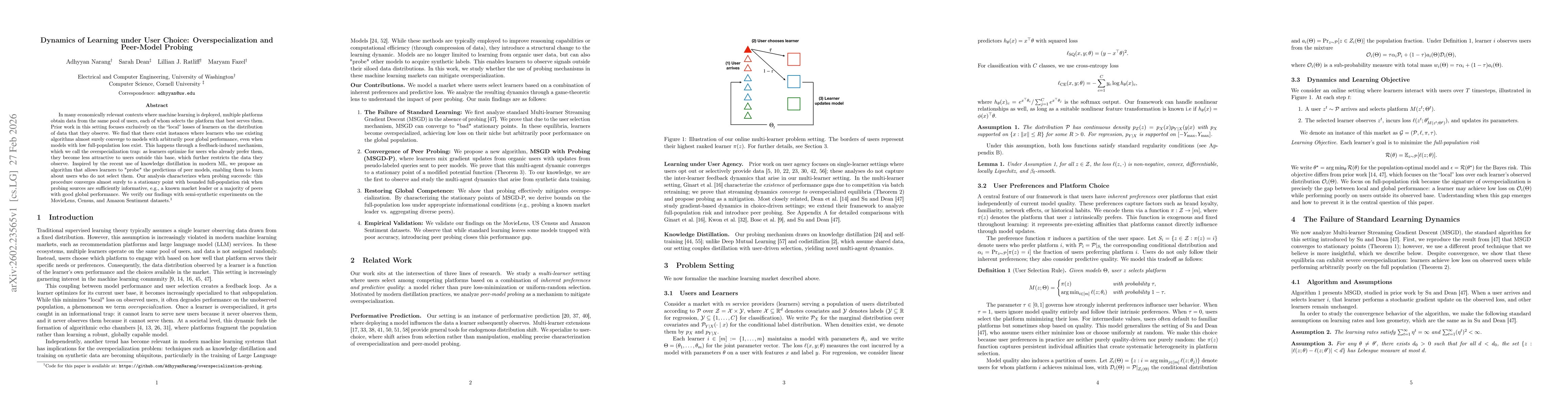 Thumbnail for Dynamics of Learning under User Choice: Overspecialization and Peer-Model Probing