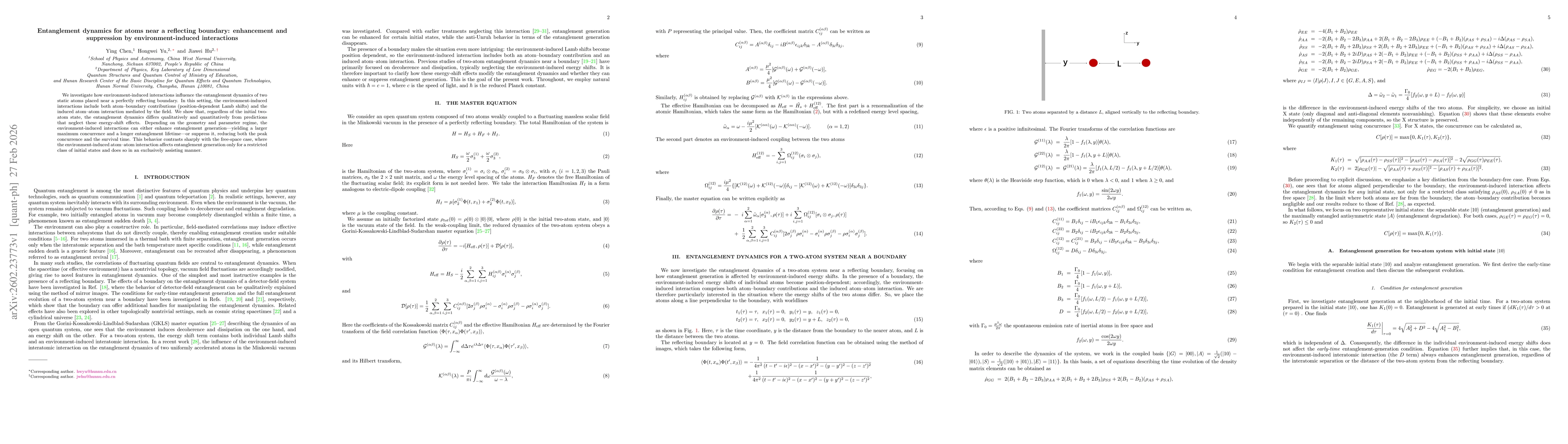 Thumbnail for Entanglement dynamics for atoms near a reflecting boundary: enhancement and suppression by environment-induced interactions