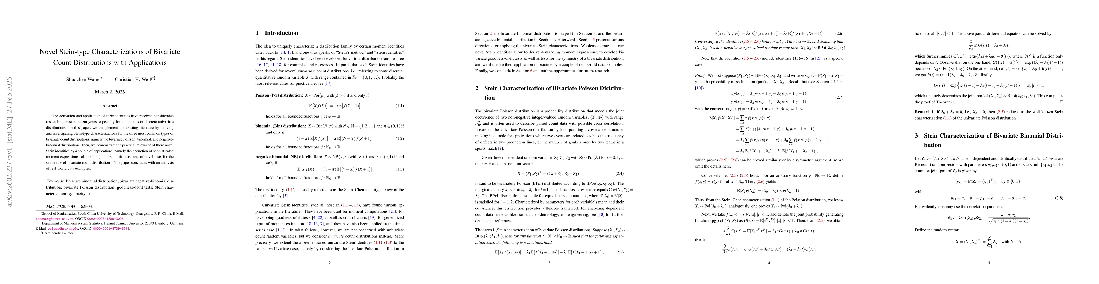 Thumbnail for Novel Stein-type Characterizations of Bivariate Count Distributions with Applications