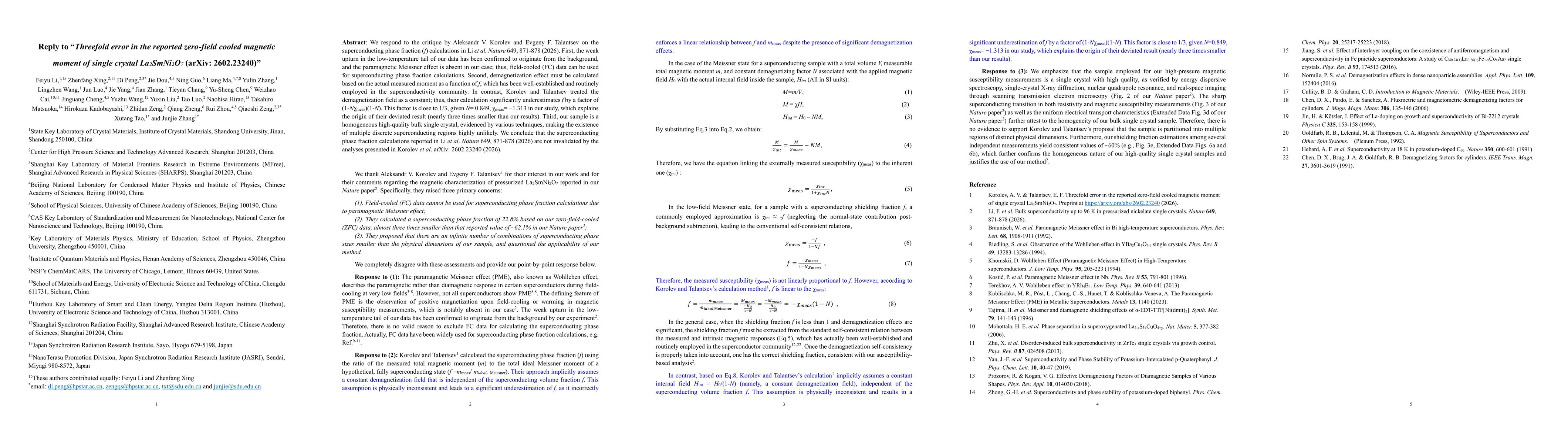 Thumbnail for Reply to "Threefold error in the reported zero-field cooled magnetic moment of single crystal $La_2SmNi_2O_7$ (arXiv: 2602.23240)"