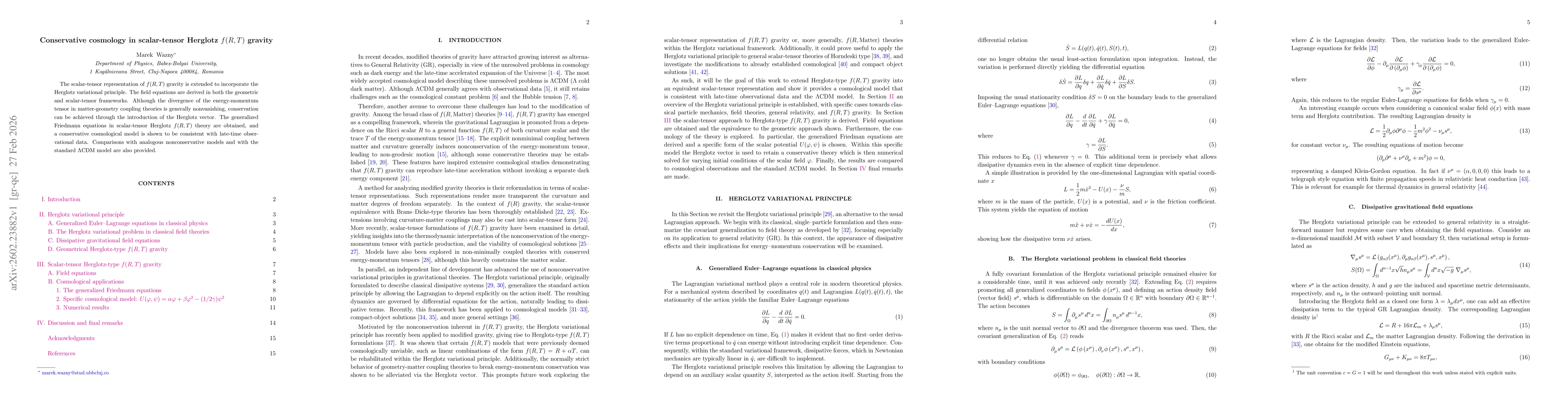 Thumbnail for Conservative cosmology in scalar-tensor Herglotz $f(R,T)$ gravity