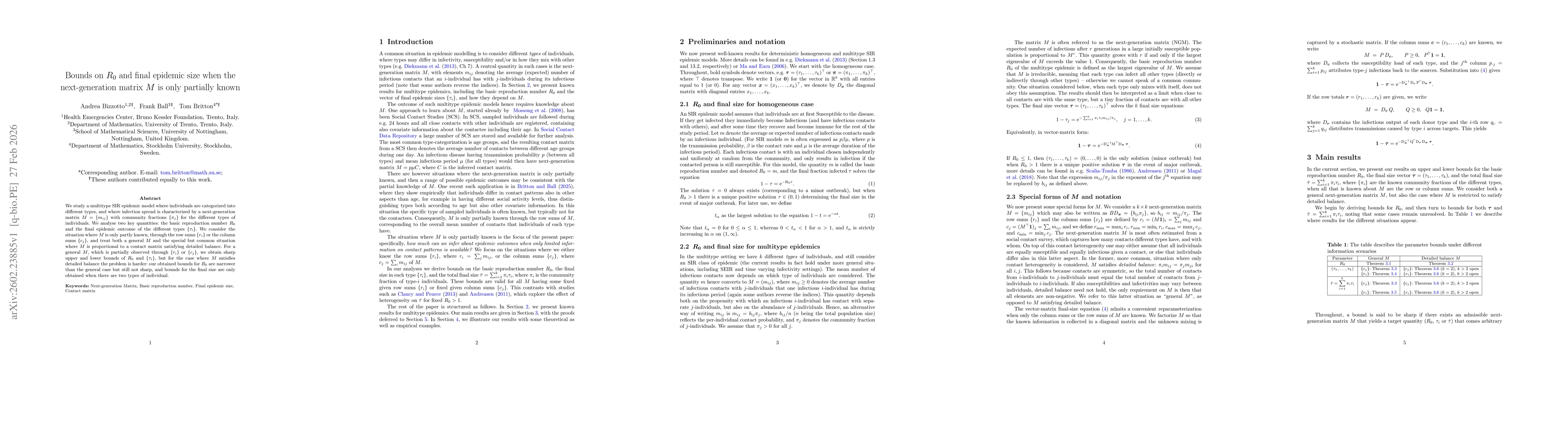 Thumbnail for Bounds on $R_0$ and final epidemic size when the next-generation matrix $M$ is only partially known