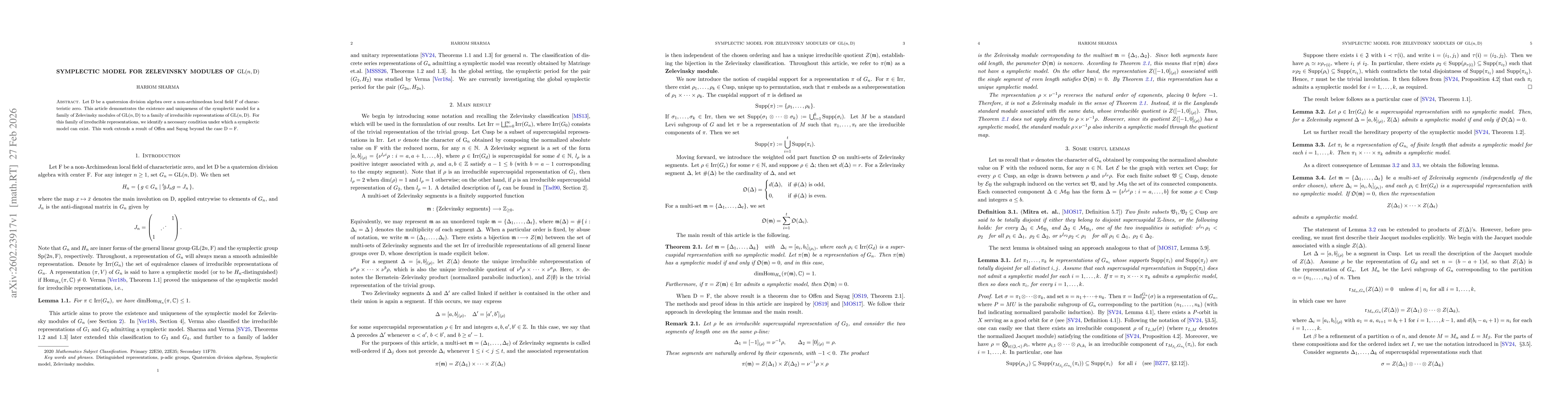 Thumbnail for Symplectic model for Zelevinsky modules of GL(n,D)