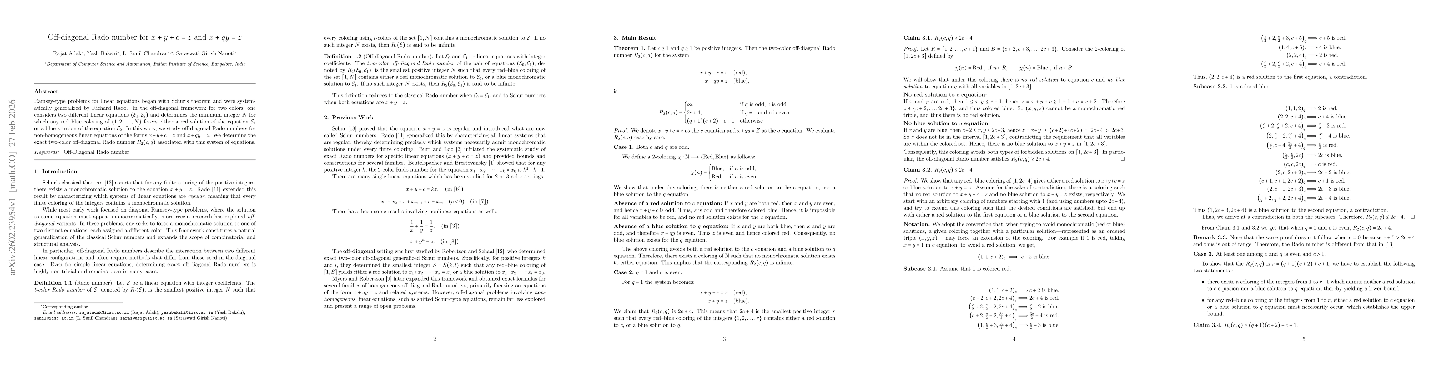 Thumbnail for Off-diagonal Rado number for $x+y+c=z$ and $x+qy=z$