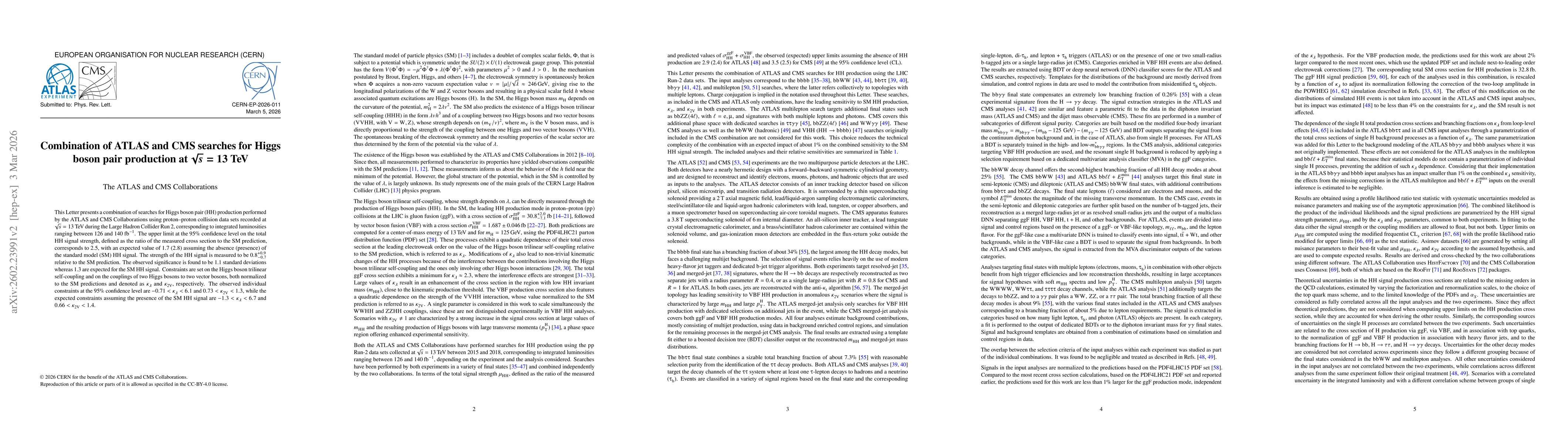 Thumbnail for Combination of ATLAS and CMS searches for Higgs boson pair production at $\sqrt{s} = 13$ TeV