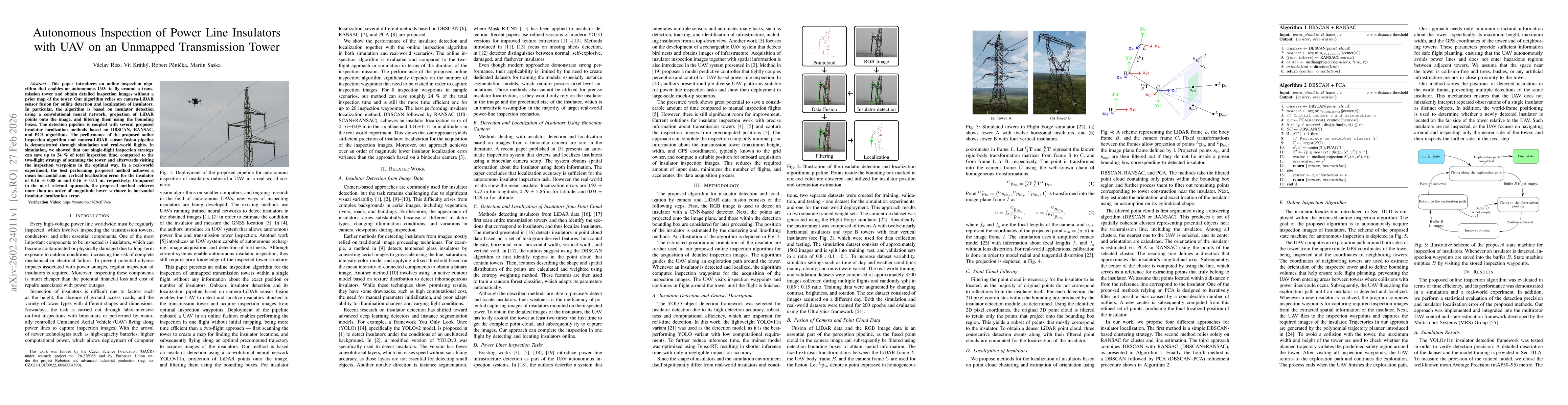 Thumbnail for Autonomous Inspection of Power Line Insulators with UAV on an Unmapped Transmission Tower