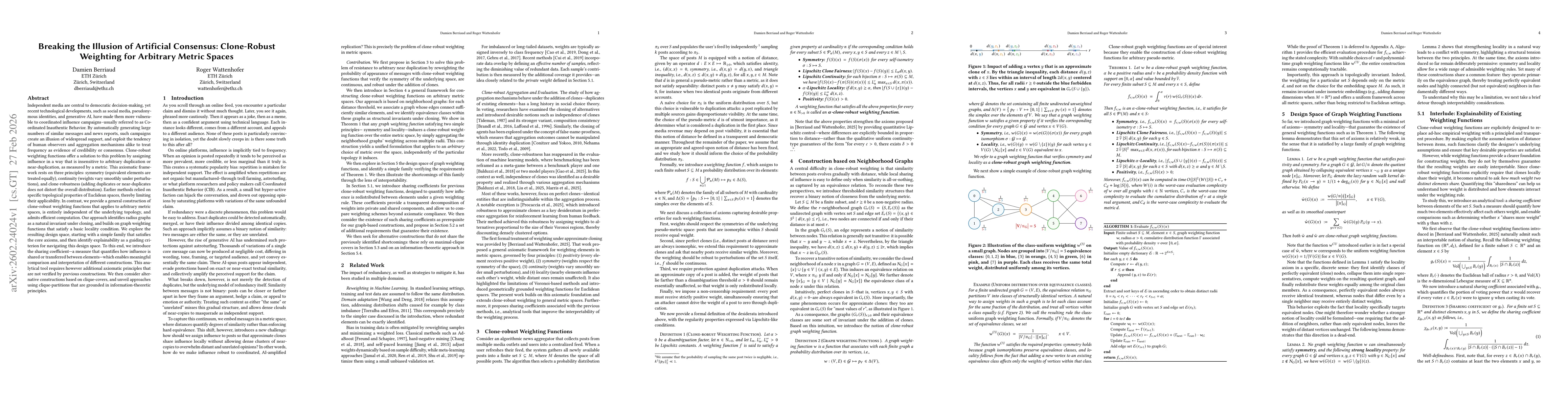 Thumbnail for Breaking the Illusion of Artificial Consensus: Clone-Robust Weighting for Arbitrary Metric Spaces