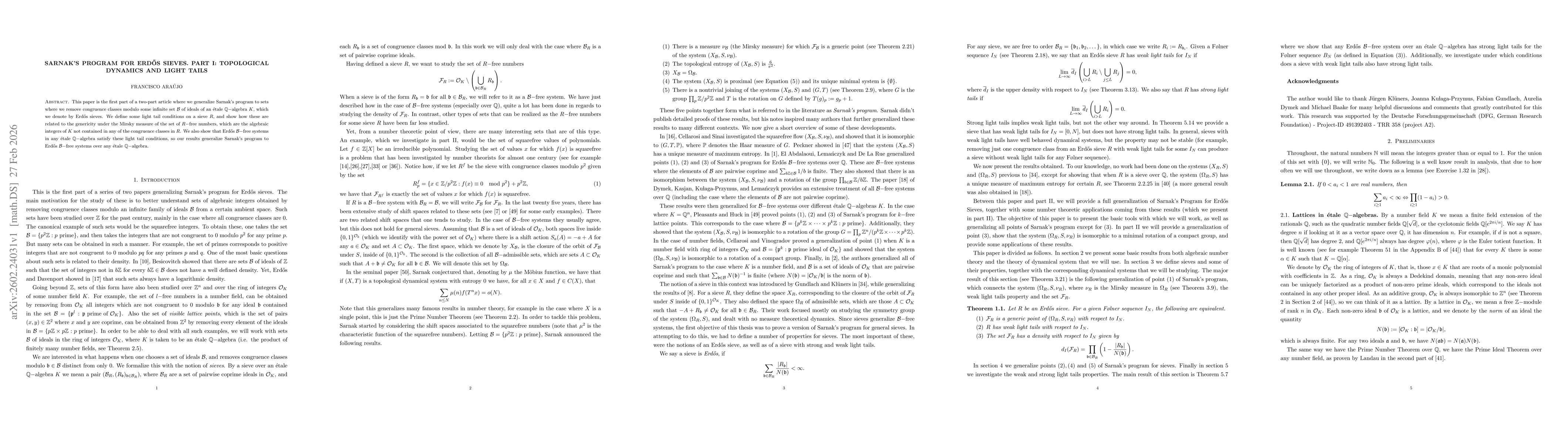 Thumbnail for Sarnak's Program for Erdős Sieves. Part I: Topological Dynamics and Light Tails