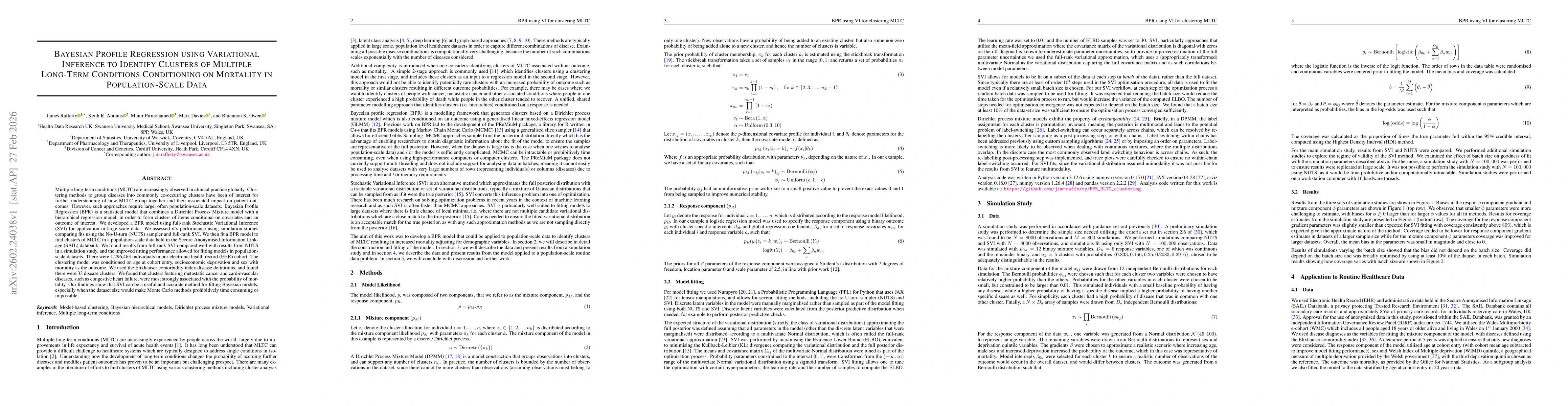 Thumbnail for Bayesian Profile Regression using Variational Inference to Identify Clusters of Multiple Long-Term Conditions Conditioning on Mortality in Population-Scale Data