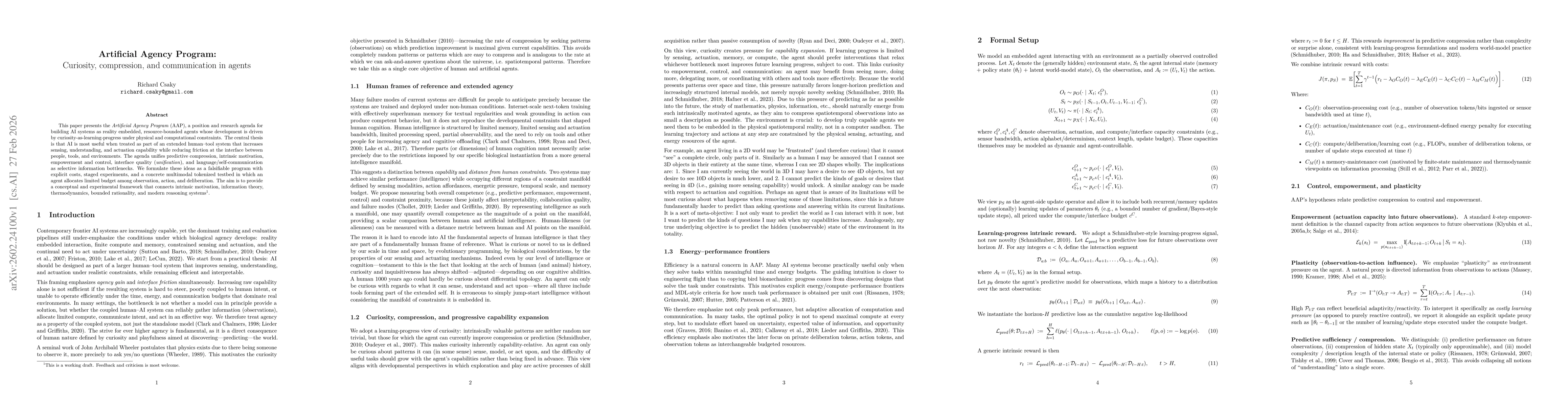 Thumbnail for Artificial Agency Program: Curiosity, compression, and communication in agents