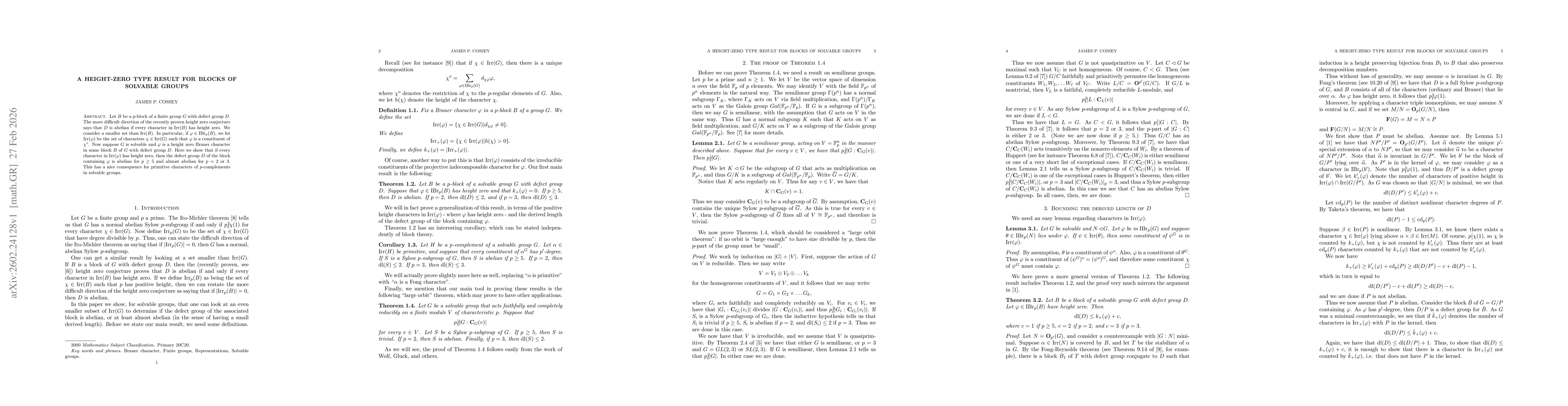 Thumbnail for A height-zero type result for blocks of solvable groups