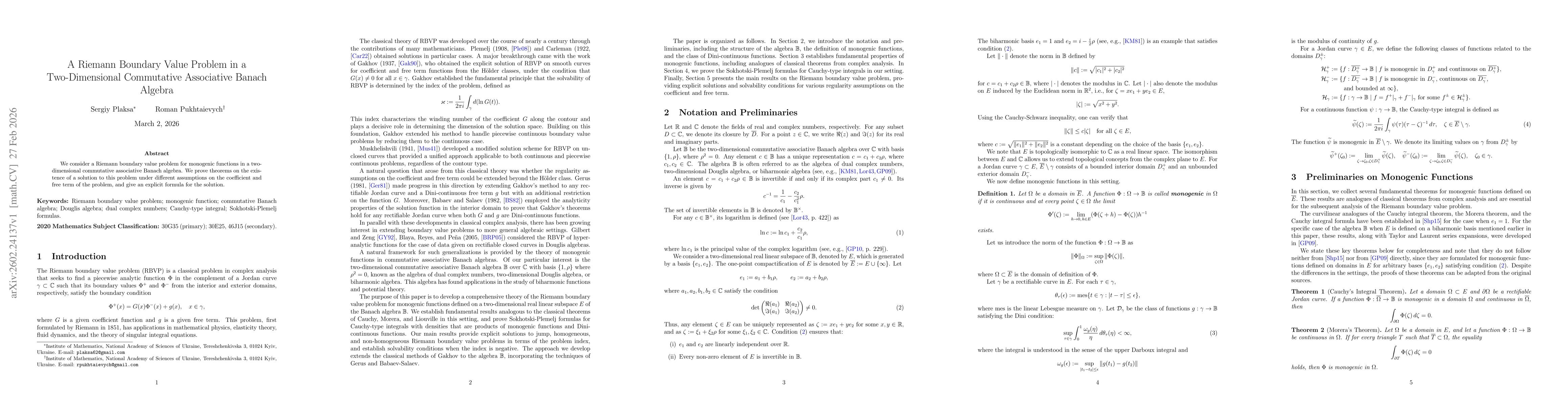 Thumbnail for A Riemann Boundary Value Problem in a Two-Dimensional Commutative Associative Banach Algebra