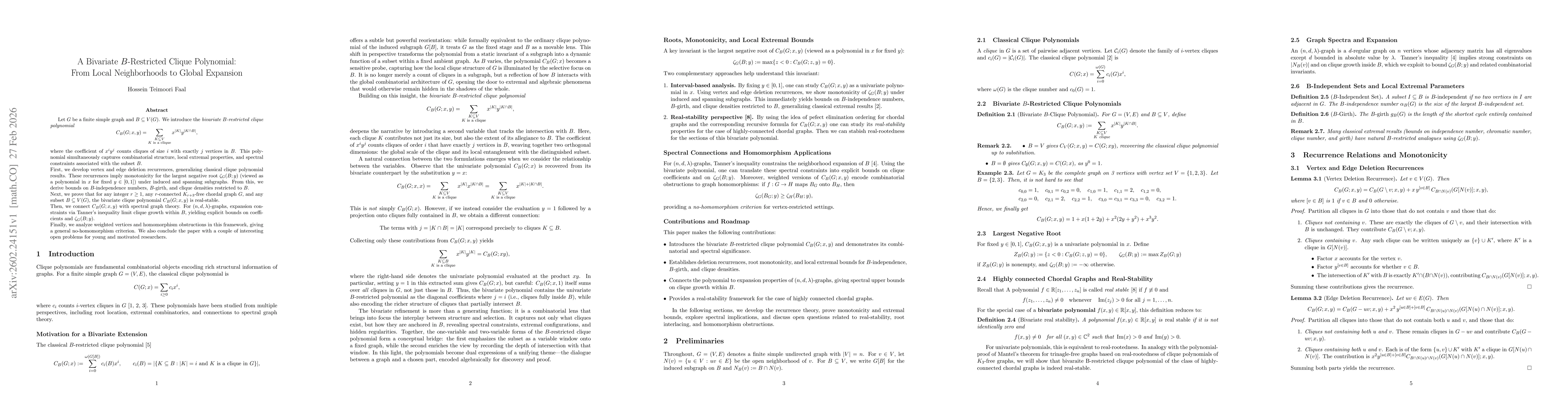 Thumbnail for A Bivariate $B$-Restricted Clique Polynomial: From Local Neighborhoods to Global Expansion