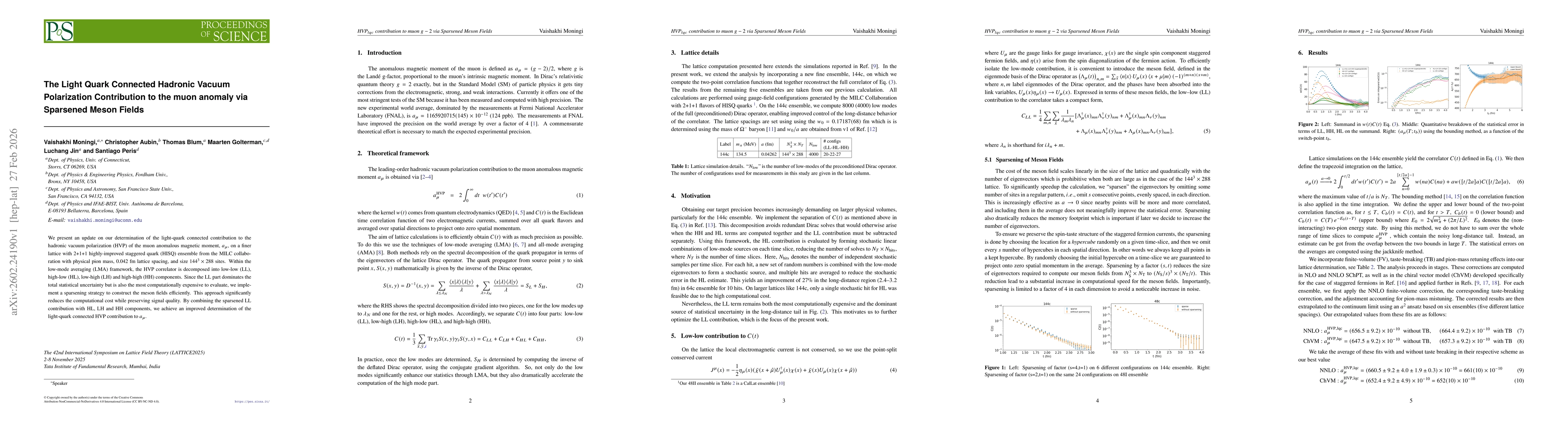 Thumbnail for The Light Quark Connected Hadronic Vacuum Polarization Contribution to the muon anomaly via Sparsened Meson Fields