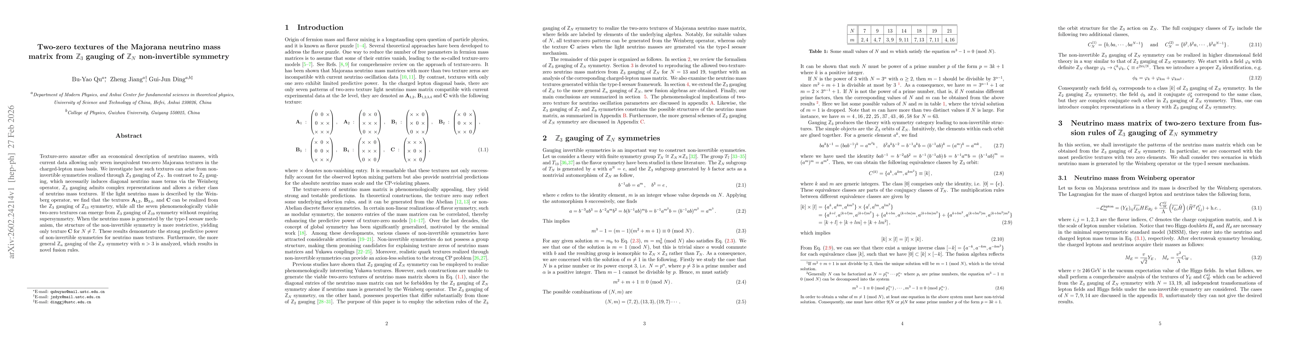 Thumbnail for Two-zero textures of the Majorana neutrino mass matrix from $\mathbb{Z}_3$ gauging of $\mathbb{Z}_N$ non-invertible symmetry