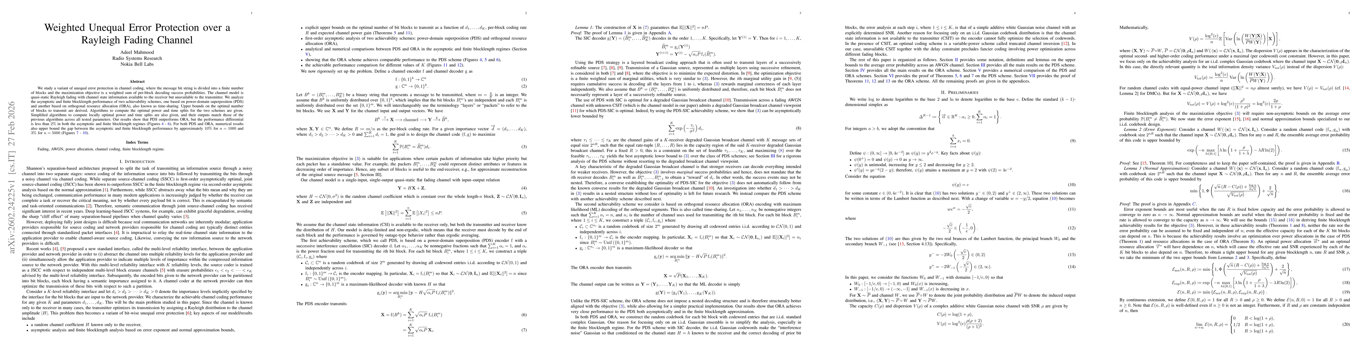 Thumbnail for Weighted Unequal Error Protection over a Rayleigh Fading Channel