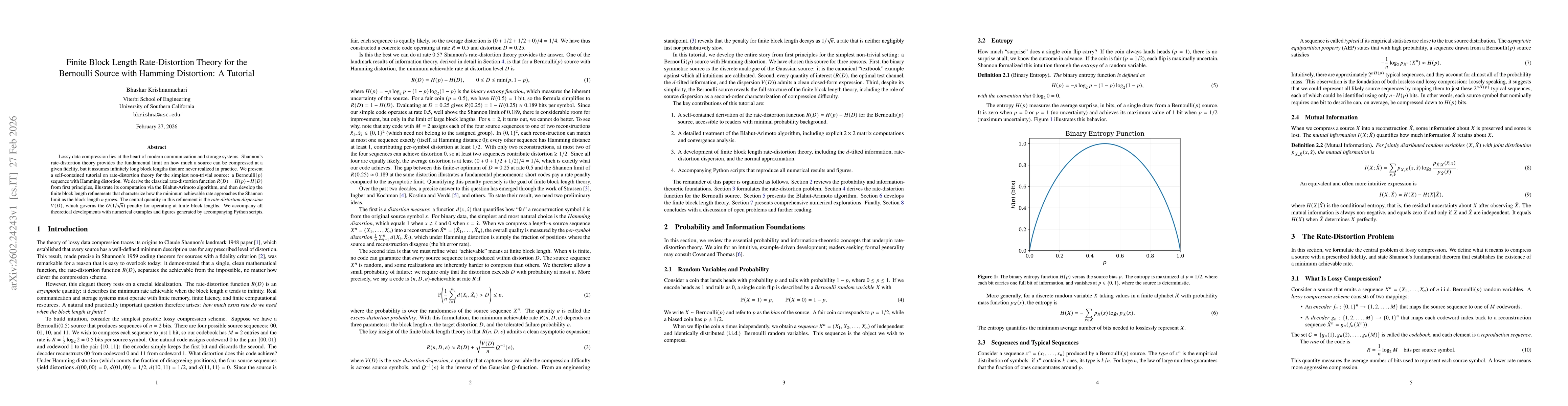 Thumbnail for Finite Block Length Rate-Distortion Theory for the Bernoulli Source with Hamming Distortion: A Tutorial