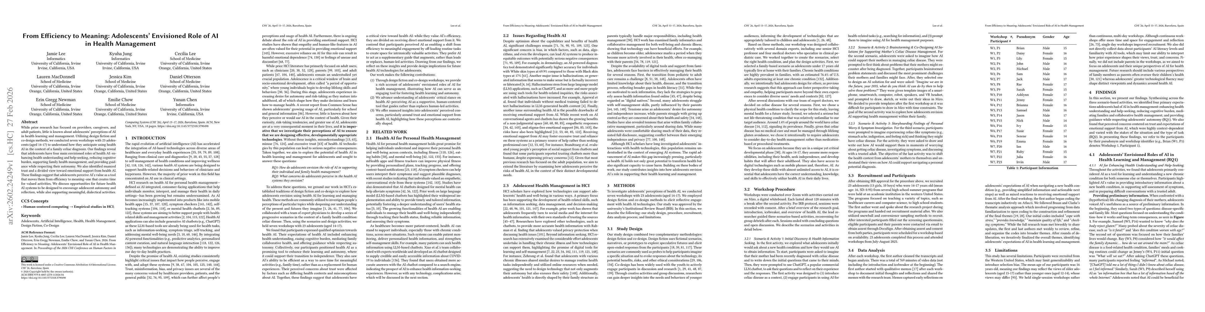 Thumbnail for From Efficiency to Meaning: Adolescents' Envisioned Role of AI in Health Management