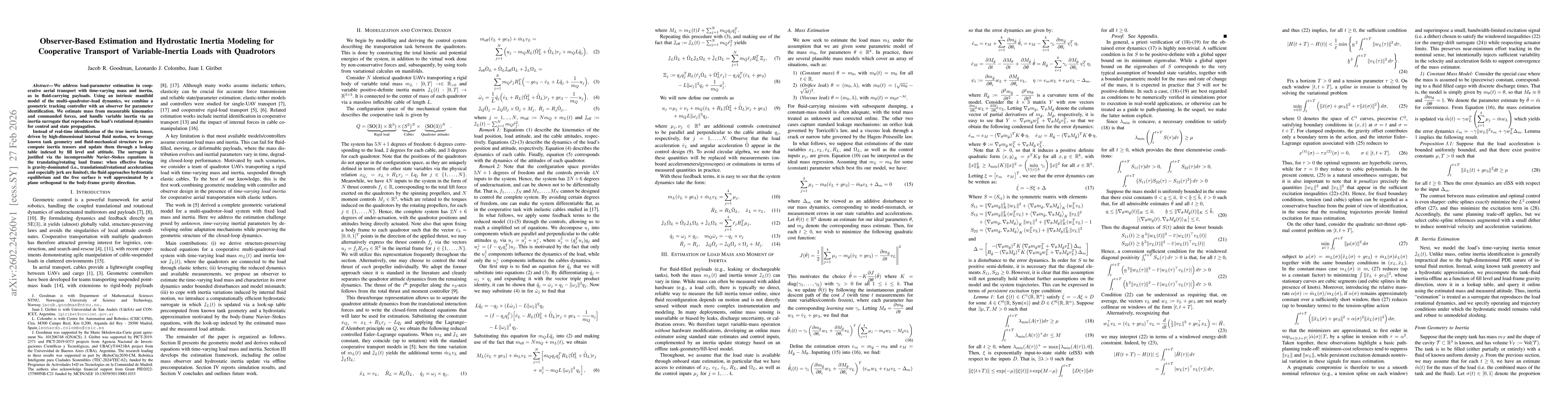 Thumbnail for Observer-Based Estimation and Hydrostatic Inertia Modeling for Cooperative Transport of Variable-Inertia Loads with Quadrotors