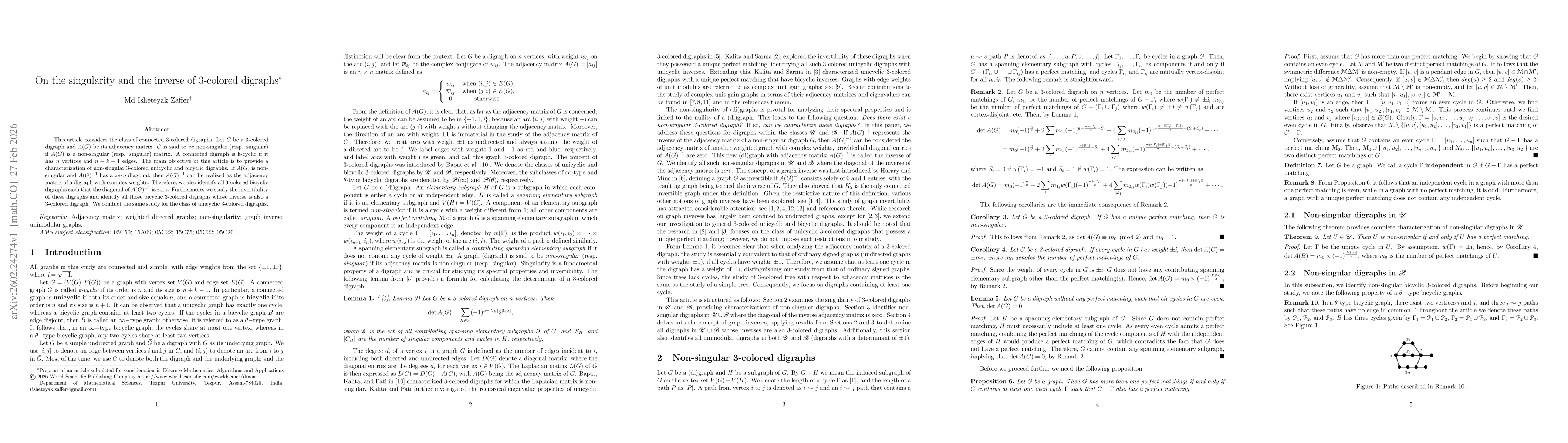 Thumbnail for On the singularity and the inverse of 3-colored digraphs