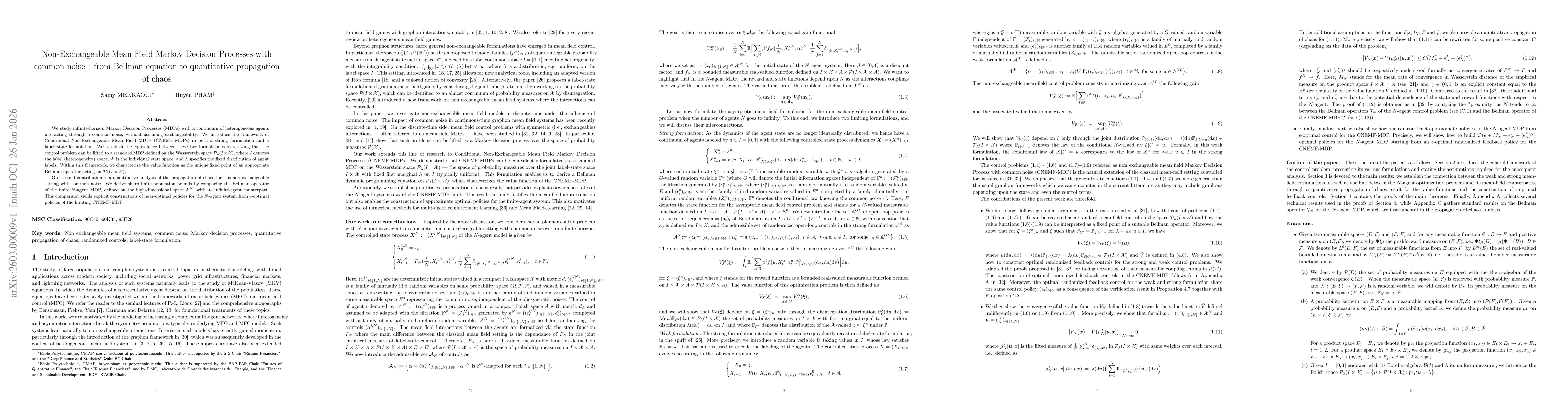 Thumbnail for Non-Exchangeable Mean Field Markov Decision Processes with common noise : from Bellman equation to quantitative propagation of chaos