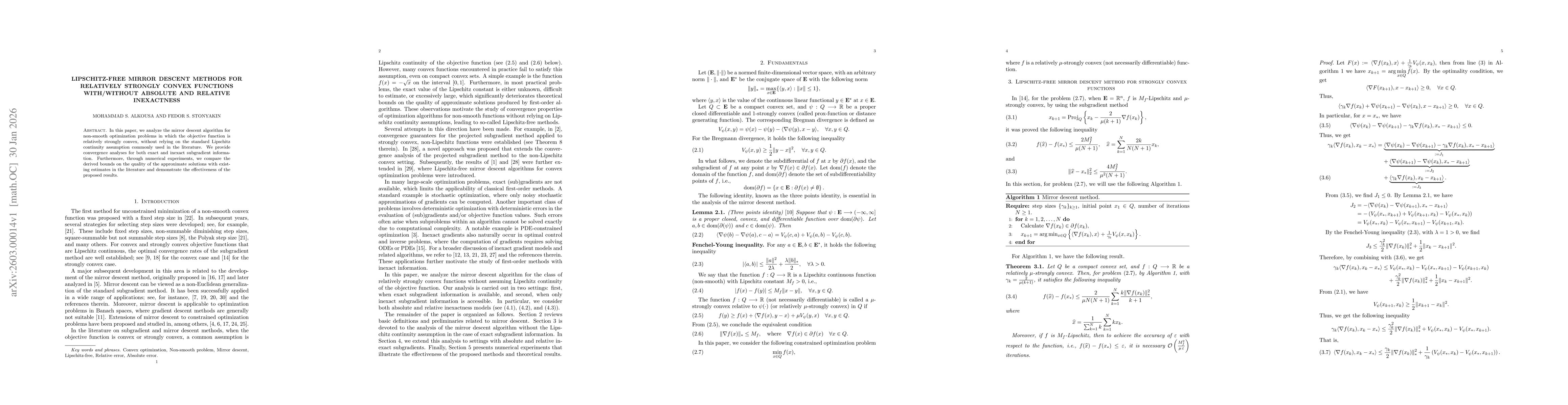 Thumbnail for Lipschitz-Free Mirror Descent Methods for Relatively Strongly Convex Functions with/without Absolute and Relative Inexactness